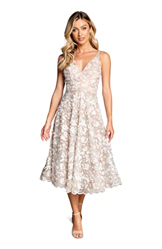 Dress the Population Elisa Damen-Midikleid, ärmellos, mit tiefem Ausschnitt, ausgestellt, Weiß/Gold, Klein