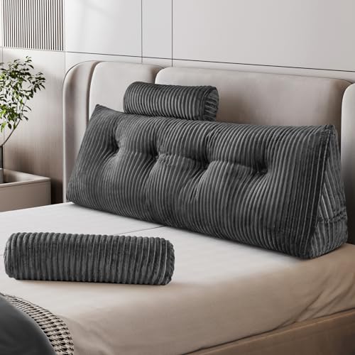 Z-hom Bücherkissen, Keilkissen, Lesekissen Für Bett Und Sofa, Cozy Rückenkissen, Praktisches Seitenfach, Removable Cover, Mit Rundem Kopfkissen (Grau, 120 * 50 * 20cm)