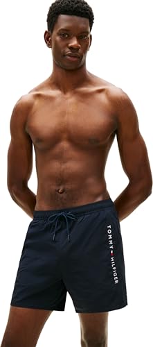Tommy Hilfiger Herren Badeshorts Medium Drawstring mit Reißverschluss-Tasche, Blau (Desert Sky), M