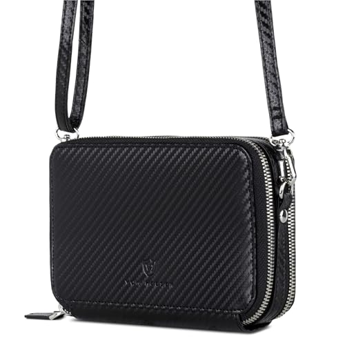 VON HEESEN Leder Geldbörse mit RFID-Blocker - Portemonnaie für Damen & Herren aus echtem Leder - Wallet mit Münzfach - Geldbeutel mit abnehmbarem Schultergurt für Frauen und Männer in Carbon Schwarz