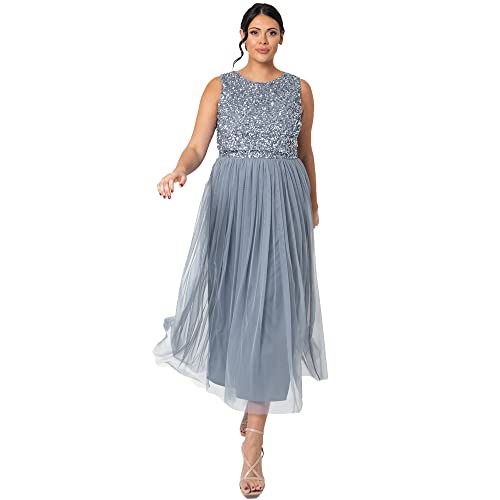 Maya Deluxe Vrouwen Midaxi Jurk Dames Mouwloze Pailletten Hoge Empire Taille Tule Versierd voor Bruiloft Gast Bal Bruidsmeisje, Bessen, 44