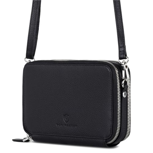 VON HEESEN Leder Geldbörse mit RFID-Blocker - Portemonnaie für Damen & Herren aus echtem Leder - Wallet mit Münzfach - Geldbeutel mit abnehmbarem Schultergurt für Frauen und Männer in Schwarz