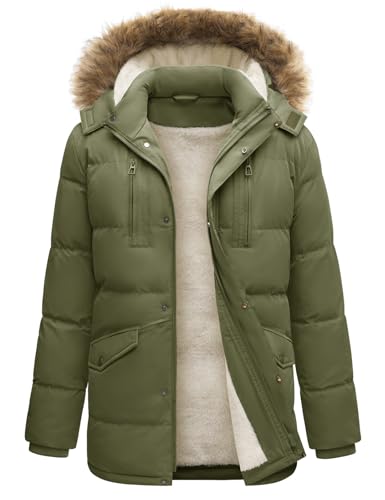 TOMEEK Herren Winterjacke Wasserabweisend Lange Mantel Herren Winterparka Windabweisend Outdoor Jacken puffer Sherpa Jacke Wintermantel Abnehmbare Kapuze(Militärgrün,XL)