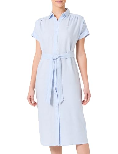 Tommy Hilfiger Damen Hemdkleid Linen Belted Kurzarm, Blau (Breezy Blue), 44