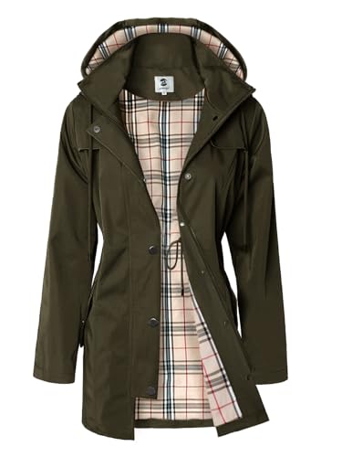 SaphiRose Langer Regenmantel für Damen, Outdoor-Regenmantel, Windbreaker, mit Kapuze (Armeegrün, S)