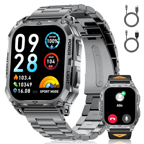 Smartwatch Herren Militär mit 2.01"HD Touchscreen/LED Taschenlampe, 900mAh/2 Armbändern Fitnessuhr, Smartwatch mit Telefonfunktion/110+ Sportmodi/Schlafmonitor/IP68 für Android iOS, Schwarz-Orange