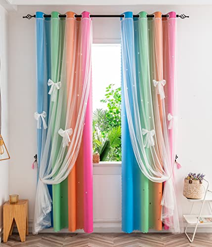 Yancorp Vorhänge für Mädchen, Schlafzimmer, Kinderzimmer, Vorhang, ausgehöhlt, Sternenfenster, Kinderzimmer, 160 cm Länge, Raumverdunkelung, Ösen, 2 Schichten (4 Farben - R, B 52 x L 63)