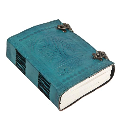 TUZECH 600 Pages Handmade Large Leather Journal Diary Embossed Tree of Life Book Of Shadows Notebook Writing Seven Chakra Grimoire Sketchbook 7 x 10 Leather Bound (Ocean Blue)