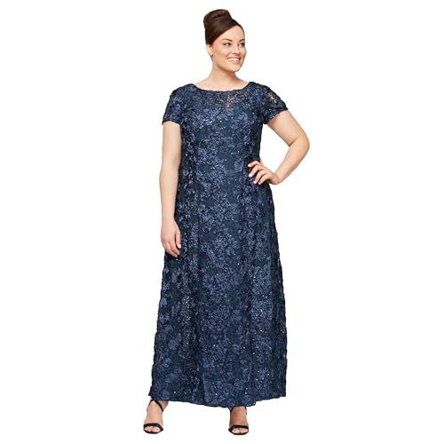 Alex Evenings Damen Long Rosette Mother of The Bride Dress with Short Sleeves, Formal Gown, Wedding Guest (Plus Size) Kleid fr besondere Anlsse, Marineblau, 48 Mehr