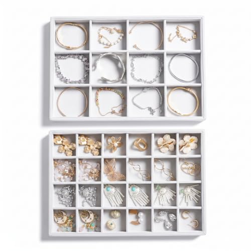 Frebeauty Stapelbare Samt-Schmuck-Organizer-Tabletts für Schubladen, Einsätze, Schmuckaufbewahrung, Vitrine, Ohrstecker, Armbänder, Halsketten, Ringe, Accessoires, Tabletts für Damen (2er-Set) (weiß)