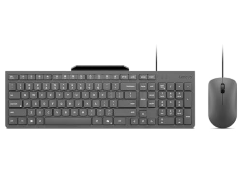 Lenovo 310 USB-A Kabelgebundene Tastatur-Maus-Kombination, leise Tasten, ultradünnes Gaming-Design, auslaufsicher, integrierter Telefonständer, kompatibel mit Laptop, PC, Tablet, ergonomische Maus