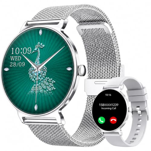 taopodo Smartwatch Damen mit Telefonfunktion, 1,27-Zoll AMOLED-HD Voll-Touchscreen Smartwatch, 120+ Sportmodi, IP68 Wasserdicht Fitness Tracker mit Herzfrequenz, Schlafmonitor für iOS Android, Silber