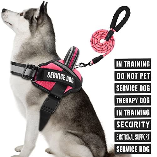 Animire Service-Hundegeschirr und Leine, Set mit 8 reflektierenden Flicken, weich gepolsterter Griff, für kleine, mittelgroße und große Hunde (Rosa, XL)
