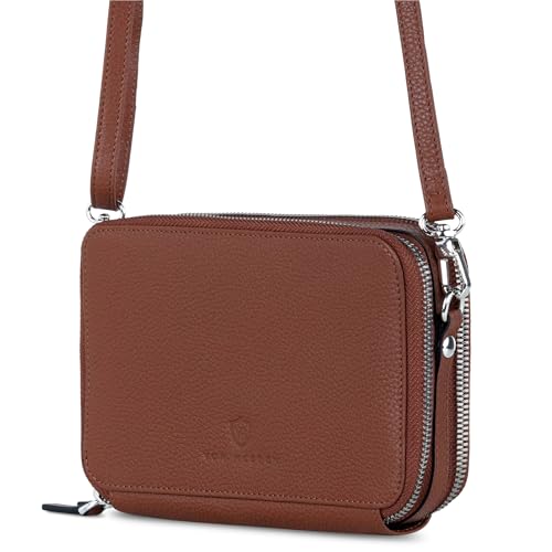 VON HEESEN Leder Geldbörse mit RFID-Blocker - Portemonnaie für Damen & Herren aus echtem Leder - Wallet mit Münzfach - Geldbeutel mit abnehmbarem Schultergurt für Frauen und Männer in Cognac Braun