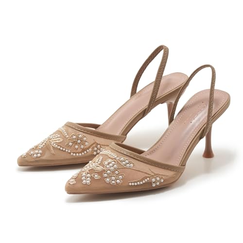 ATBELL Gestickte Mesh-Slingback-Absatzschuhe für Damen, weiße Perle, Kitten-Heels, spitzer Zehenbereich, rückenfrei, Hochzeitsschuhe, Hautfarben, 37.5 EU