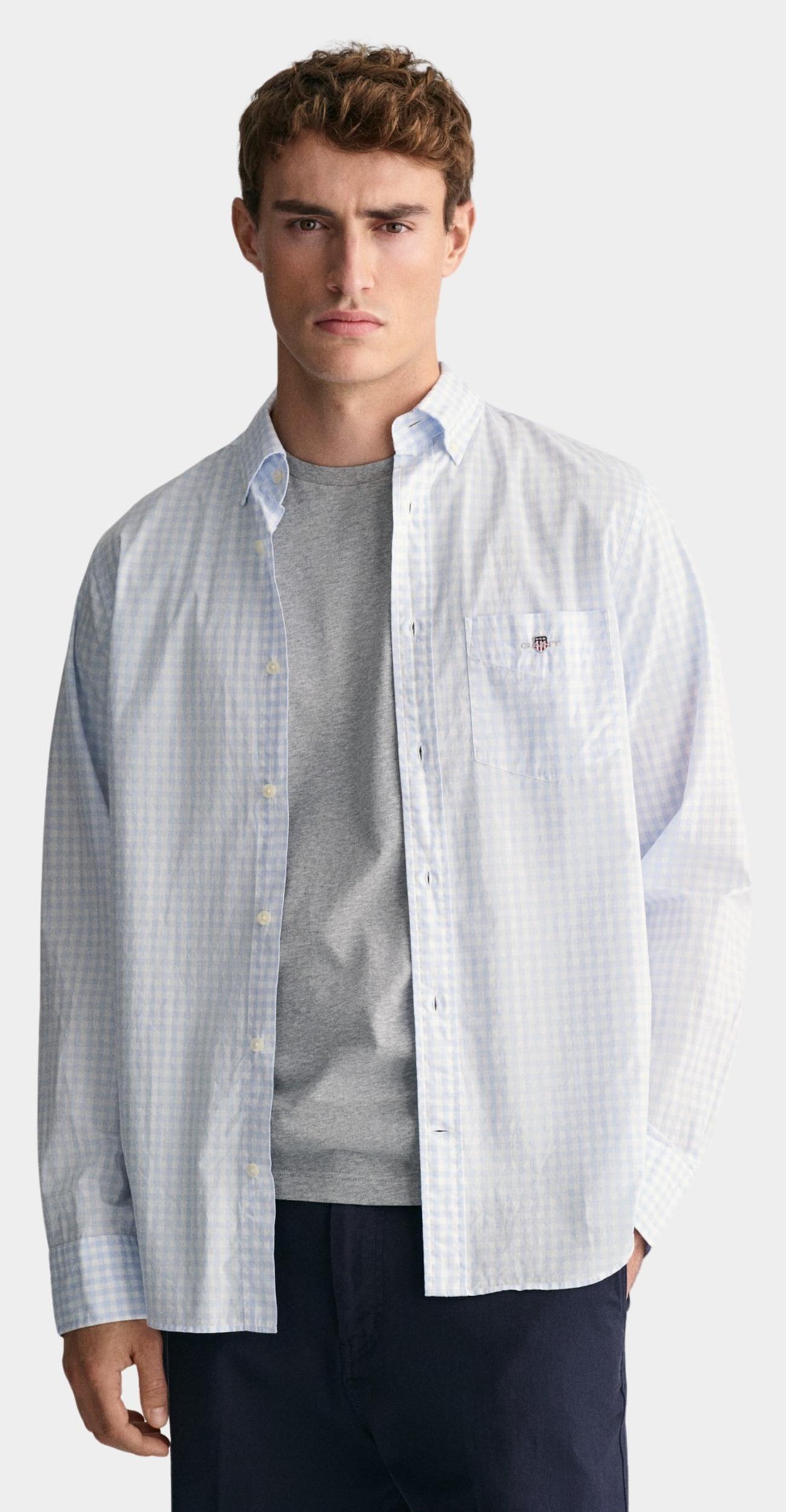 50% Korting Gant Casual Hemd Lange Mouw Blauw Poplin Gingham Shirt 3000120/455 | Bos Men Shop