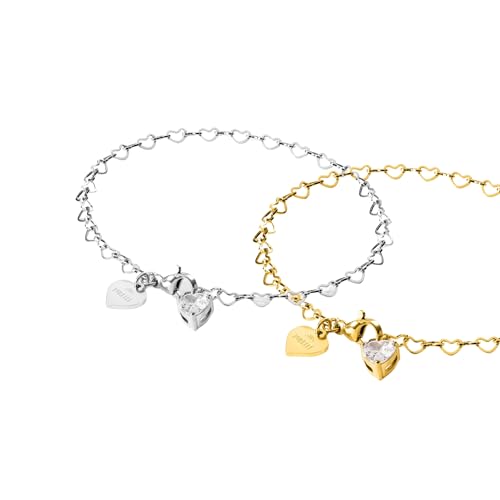 Purelei Endless Love Armband-Set – 2-teiliges Armbandset mit herzförmigen Gliedern und Zirkonia-Anhängern – Edelstahl, verstellbar 19 cm – Gold/Silber/Roségold (Gold/Silver)
