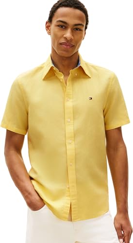 Tommy Hilfiger Herren Hemd Linen Blend Solid Kurzarm, Gelb (Citronella), L