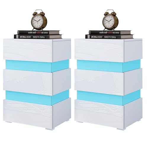 2er Pack Moderner Nachttisch Weiß Hochglanz mit LED & 3 Schubladen Push-to-Open, Nachtschrank Kommode 45x35x67 cm, Großer Stauraum für Schlafzimmer & Wohnzimmer Sofa Tisch mit Beleuchtung