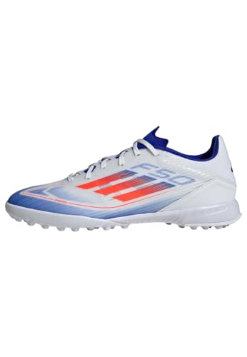 adidas Unisex F50 League Football Boots Turf, Cloud White/Solar Red/Lucid Blue, 40 2/3 EU