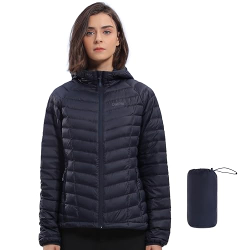 OutPro Daunenjacke Damen Leichte Packbare Übergangsjacke Warme Winterjacke mit Kapuze Outdoor für Frauen Warmes Polythermal-Futter mit Taschen für Freizeit Wandern Reisen, Tinte Blau,XXL