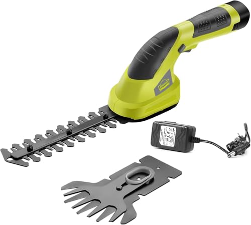 DEWINNER Akku Strauchere und Grasschere Li-ion 7.2V(1.5Ah),mit 2 Aufsätzen+Teleslopstiel Rasenkantenschere,Austauschbare Klingen, Strauchschere Rasenmäher