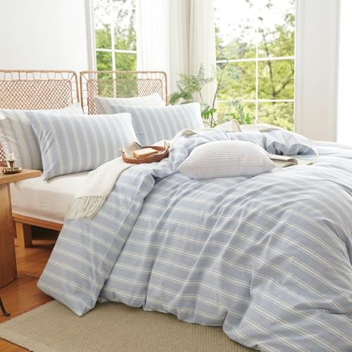 Lanqinglv Bettwäsche 220x240 Baumwolle Gestreift Blau Weiß,Leinenoptik
