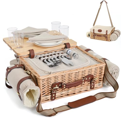 Multifunktionales Picknickkorb-Set aus Weidengeflecht für 4 Personen mit Decke und Picknicktisch, isoliertes Picknick-Set mit vollem Geschirr für Camping, Outdoor-Paare, Natur