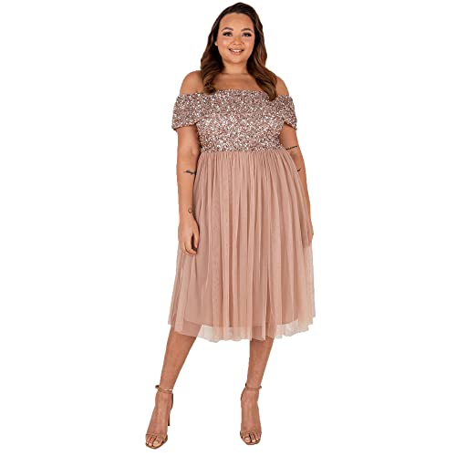 Maya Deluxe Damen Maya Deluxe Women's Bardot Dresses for Women Midi High Empire Waist Sequins Embellished Formal Eveni Bridesmaid Dress, Taupe Blush, 48 EU