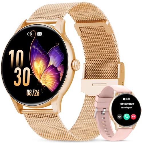 Elegante Smartwatch Damen mit Telefonfunktion, 1,39" Zoll Voll Touch Screen Fitness Tracker, 120+ Sportmodi, IP68 Wasserdicht Smart Watch mit Herzfrequenz, SpO2, Schlafmonitor für iOS Android, Rotgold