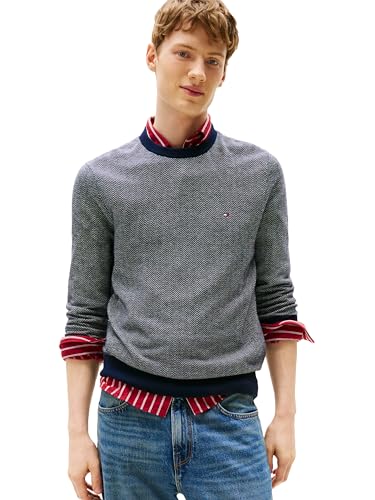 Tommy Hilfiger Herren Fischgrätenmuster Baumwolle Kaschmir Rundhalsausschnitt Pullover, Desert Sky/Ivory Petal, L