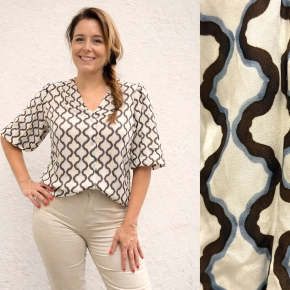 Cindy wave print blouse pofmouwen ivoor choco blauw SALE