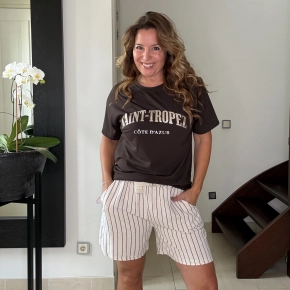 Gemma Ricceri strepen broekje beige bruin in linnen viscose kwaliteit SALE