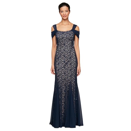 Alex Damen Long Cold Shoulder Dress (Petite and Regular Sizes) Kleid für besondere Anlässe, Marineblau/Nude Spitze, 48