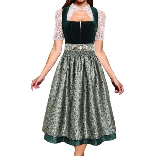 Dirndl Midi Damen Samt mit Schürze Modernes Dirndlkleid Elegantes Dirndl Kleid Trachtenkleid für Oktoberfest Wiesn Festliches Modern Trachten Outfit Trachtenmode