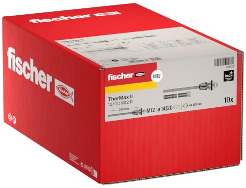 fischer Abstandsmontagesystem TherMax II 12/110 M12 R für WDVS, zur Befestigung hoher Lasten in Wärmedämmverbundsystemen, schlagregendicht, mit Anti-Kälte-Konus, aus rostfreiem Stahl, 10 Stück