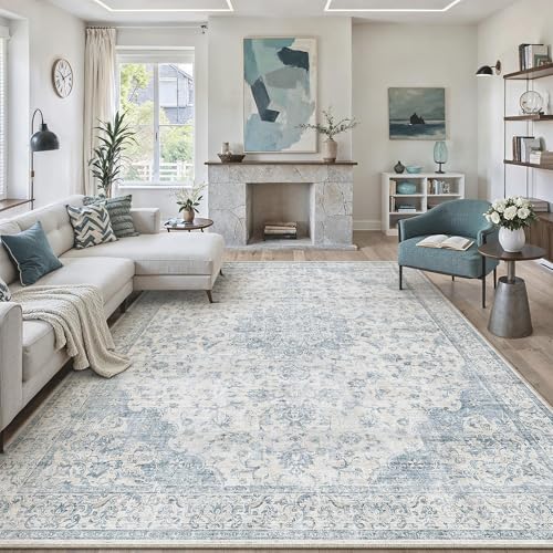PureCozy Vintage Teppich Wohnzimmer 200x300cm Blau Waschbarer rutschfest