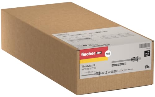 fischer Abstandsmontagesystem TherMax II 16/250 M12 R für WDVS, zur Befestigung hoher Lasten in Wärmedämmverbundsystemen, schlagregendicht, mit Anti-Kälte-Konus, aus rostfreiem Stahl, 10 Stück