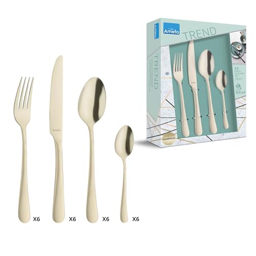 Amefa AUSTIN CHAMPAGNER Besteckset 24-teilig | PVD-veredeltes goldenes Besteck Set | farbigesTafelservice 18/0 Edelstahl rostfrei | Besteck Set 6 Personen | Besteck gold spülmaschinenfest