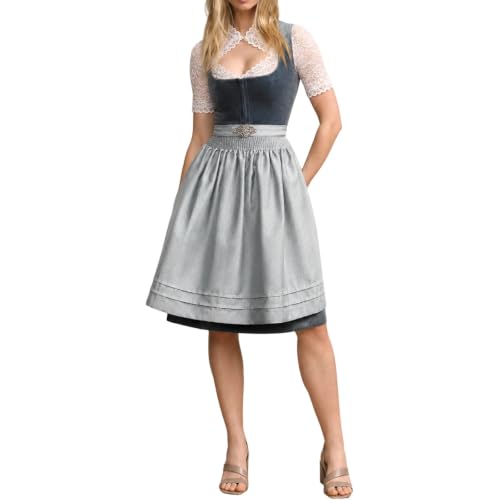 Dirndl Midi Damen Samt mit Schürze Modernes Dirndlkleid Elegantes Dirndl Kleid Trachtenkleid für Oktoberfest Wiesn Festliches Modern Trachten Outfit Trachtenmode