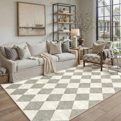 PureCozy Teppich 160x230cm Grau Waschbar Moderne Kariert