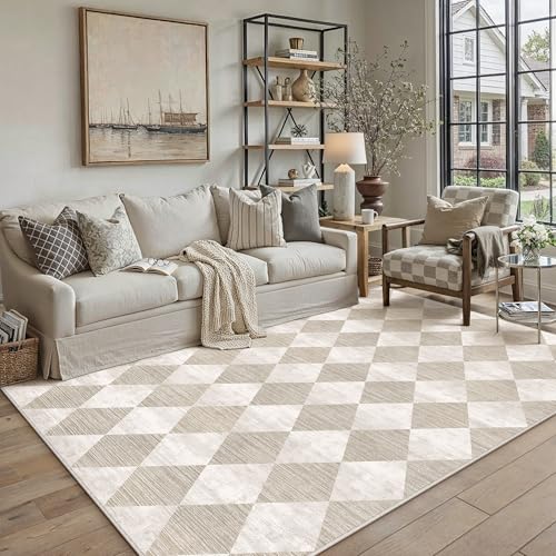 PureCozy Teppich 160x230cm Beige Waschbar Moderne Kariert