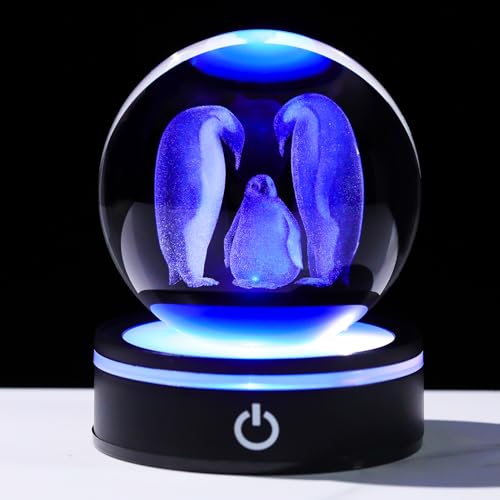 YWHL 3D-Kristallkugel-Pinguin-Figur mit LED-Basis, Laser-Pinguine, Geschenke für Frauen und Männer, zu Weihnachten, Geburtstag, dekorative Pinguin-Statue, Kugel, Glastiere, Globus, Nachtlicht für