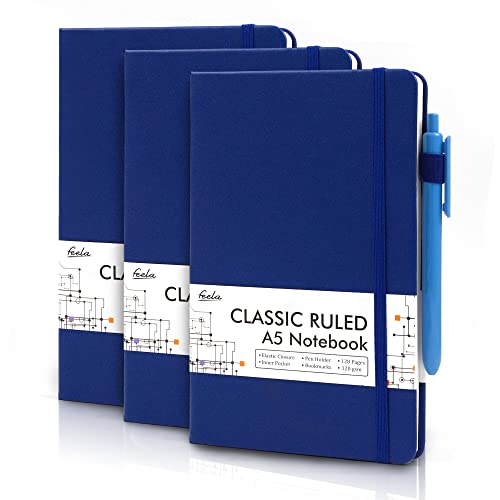 feela Notizbücher, Tagebücher mit 3 schwarzen Stiften, A5, Hardcover, Notizbuch, klassisch, liniert, Tagebuch-Set mit Stifthalter für Arbeit, Business, Journaling, Notizen, 13x21 cm, Marineblau