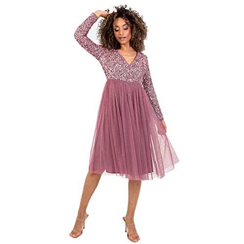 Maya Deluxe Damen Womens Ladies Wedding Guest Midi Dress Long Sleeve Plunging Neckline V Neck Sequin Embellished Graduation Brautjungfernkleid, Desert Rose, 6