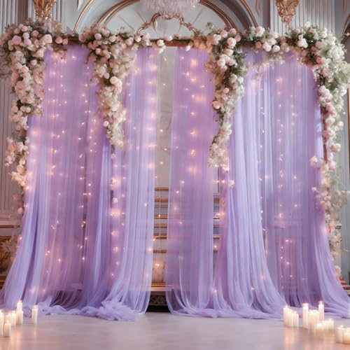 6,8 x 3 m lila Tüll-Hintergrundvorhang mit Lichterschnur für Partys, durchsichtige Vorhänge für Hochzeit, Party, Heimdekorationen