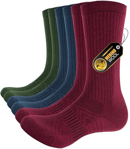 PULIOU Wandersocken Merino Socken Herren Damen, Outdoor & Trekking-Socken, Anti-Blasen, Gepolstert Arbeitssocken Laufsocken Sportsocken, Mehrfarbig 47-50 (3 Paar)