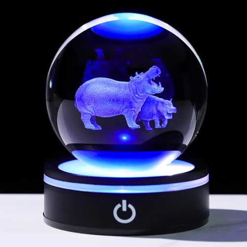 YWHL 3D Nilpferd Kristallkugel Figur mit LED-Sockel Laser Nilpferd Geschenke für Frauen Männer zu Weihnachten Geburtstag Deko Nilpferd Kugel Glas Nilpferd Globus Nachtlicht für Heimdekoration (80 mm)