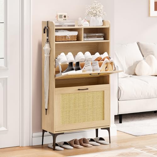 Dripex Schuhschrank schmal, Schuhkipper mit Rattan-Dekor, 2 Flip-Schubladen,Schuhregal schmal mit Metallfüßen, verstellbaren Fächern für den Eingang, Flur und Wohnzimmer, 60x24x114cm