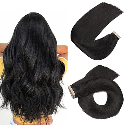 HotLulana Tape Extensions Echthaar Natürliches Schwarz Extensions Echthaar 18zoll/45cm 40Pcs 80g Invisible 100% Natürliche Tape in Extensions Echthaar Skin Weft Tape Ins Extensions 14zoll #1B.